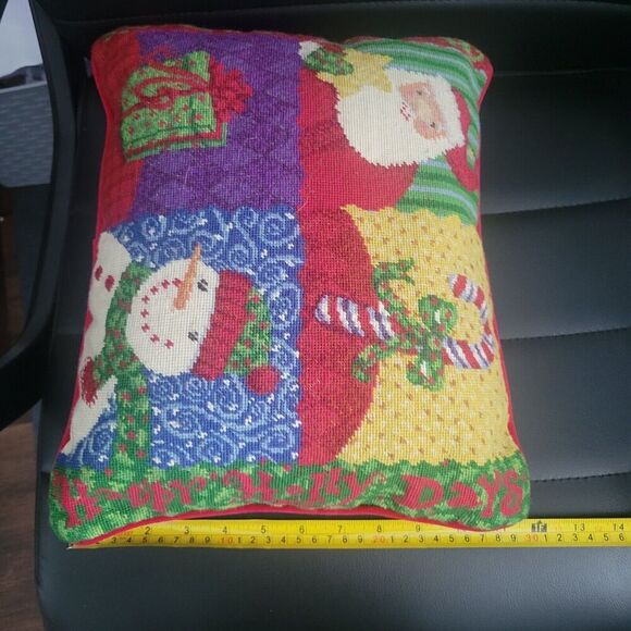 Christmas Holiday Needlepoint pillow red santa snowman candy cane present happy - Picture 12 of 12